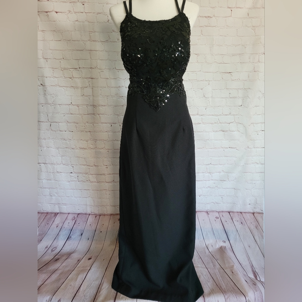 ALYCE DESIGNS LONG BLACK SPAGHETTI STRAP EVENING GOWN PROM SIZE 10
